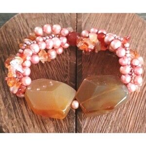 Large Agate Stone Carnelian Real Pearl Multi Strand Stretch Artisan Bracelet
